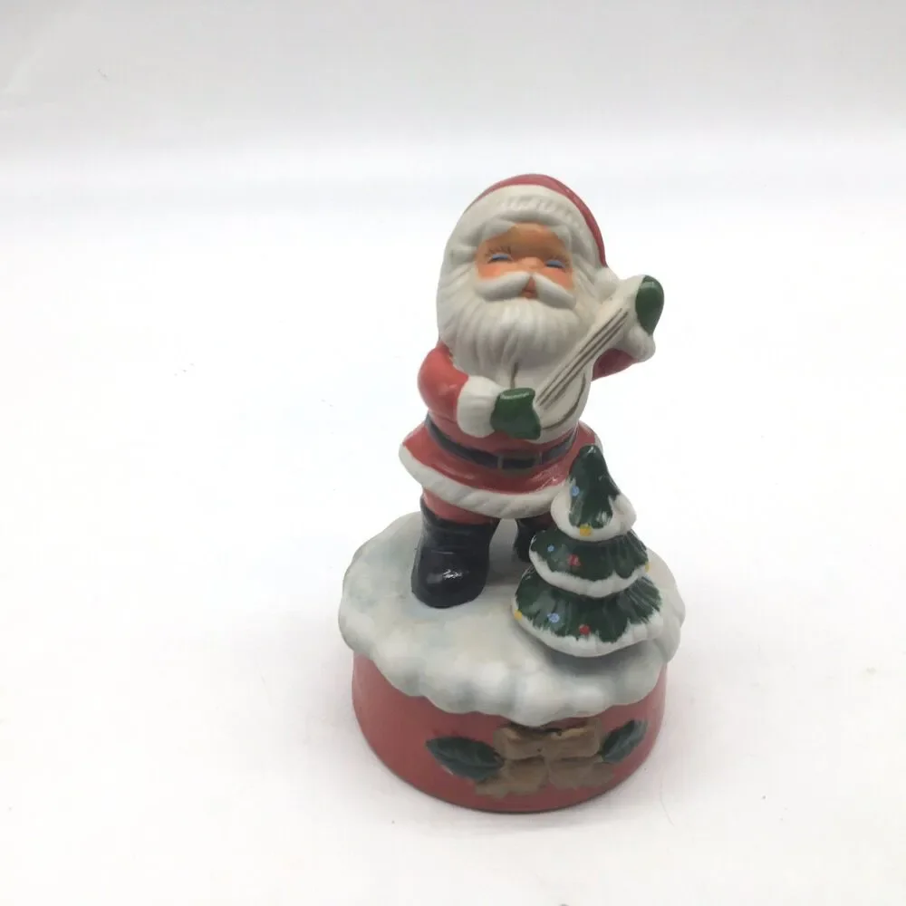 MCM Christmas Santa Claus W/guitar Ceramic Figurine Music Box  4 Repair Japan 6